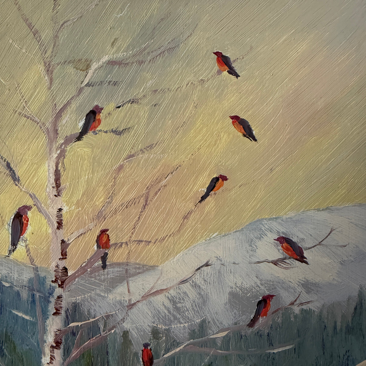 Red Cabin, Red Birds, 1963. Vintage Swedish Oil Pianting, by Einar Brissmyr
