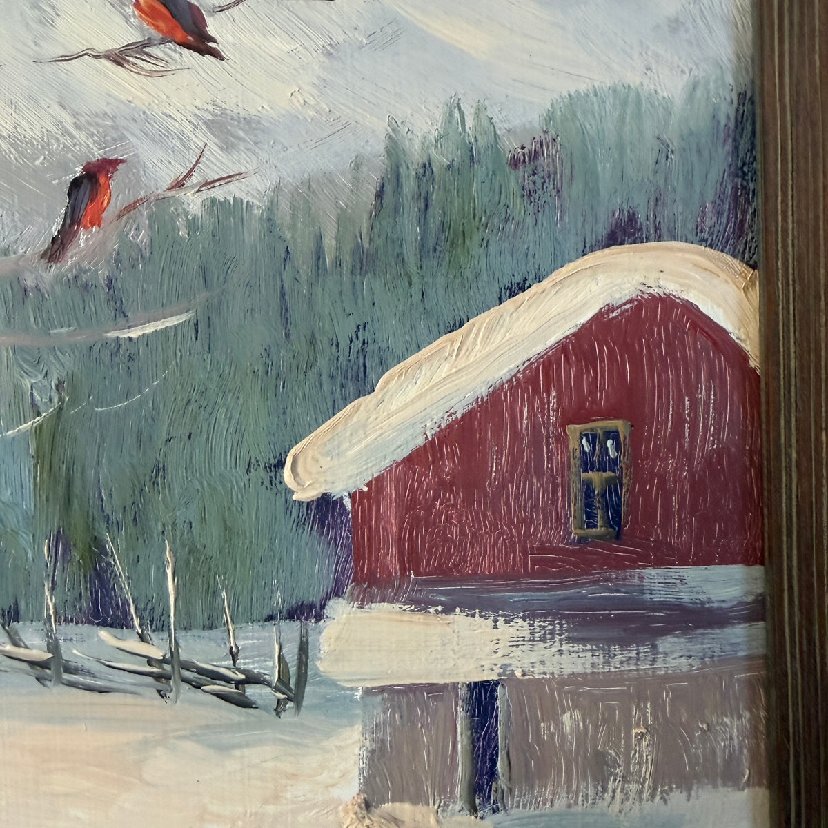 Red Cabin, Red Birds, 1963. Vintage Swedish Oil Pianting, by Einar Brissmyr
