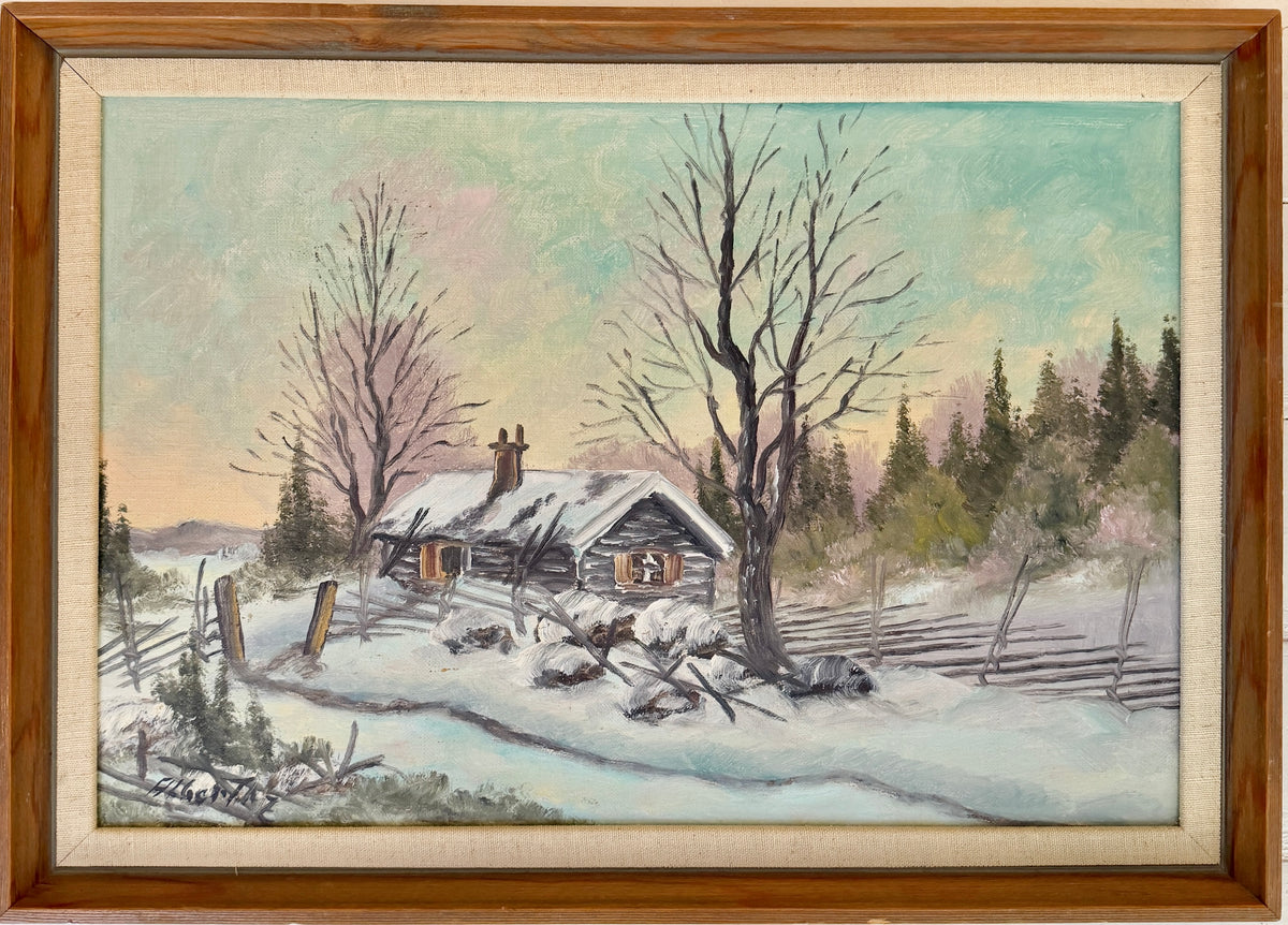 Cozy Winter Cabin, ca 1940s. Vintage Swedish Oil Painting.