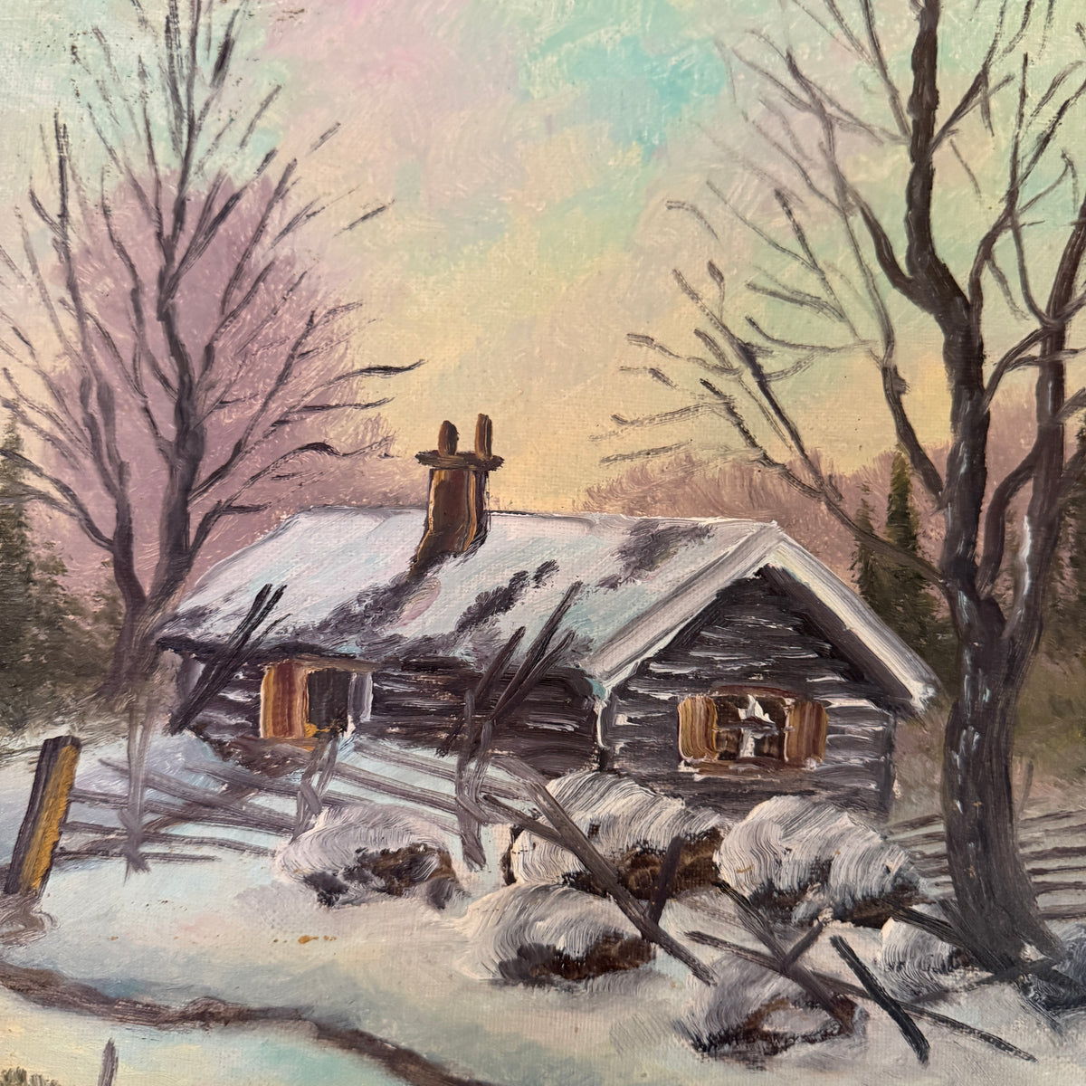 Cozy Winter Cabin, ca 1940s. Vintage Swedish Oil Painting.