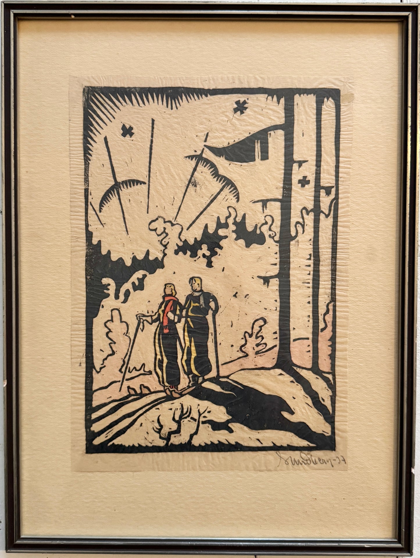 Out Skiing 1937. Signed Swedish Woodblock Print