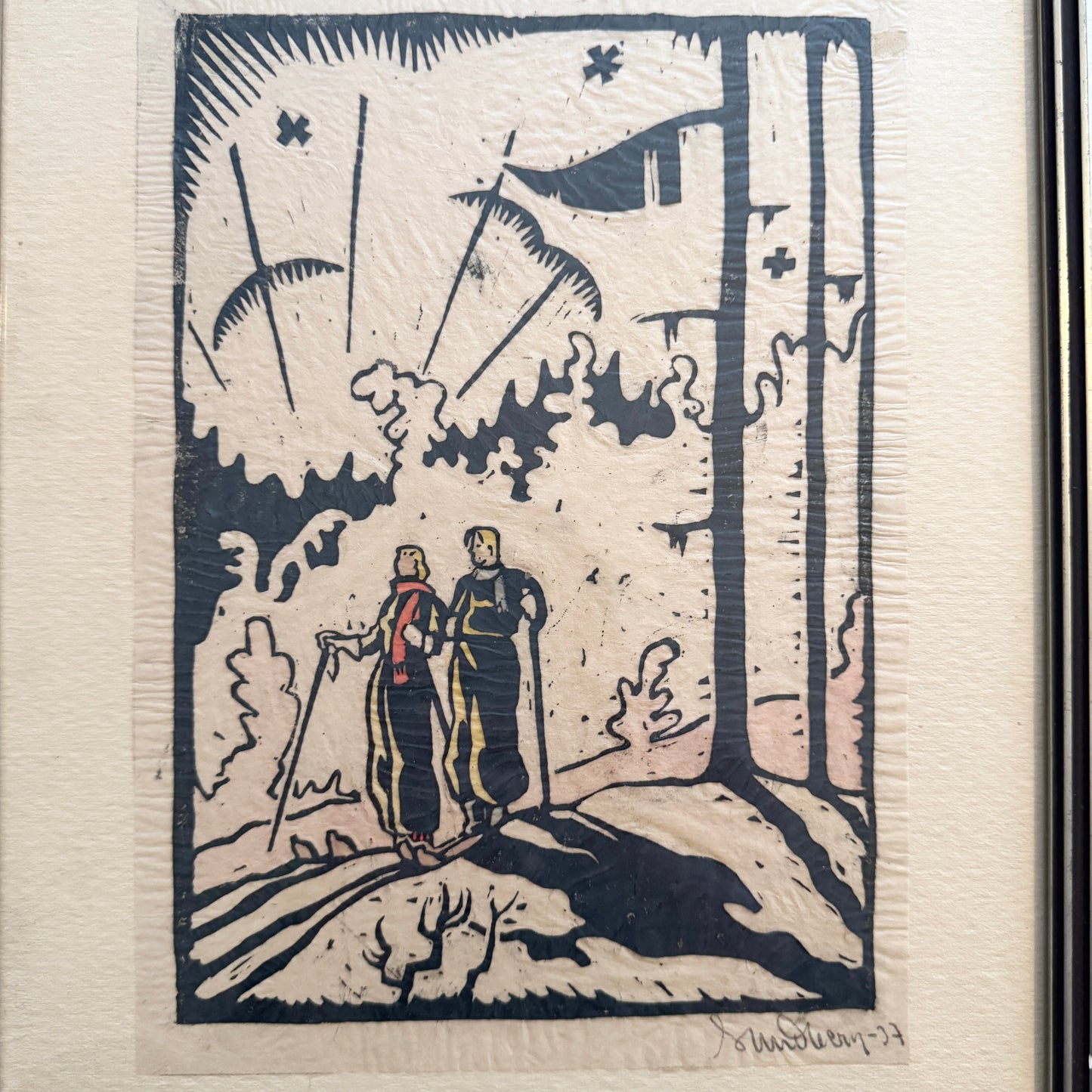 Out Skiing 1937. Signed Swedish Woodblock Print