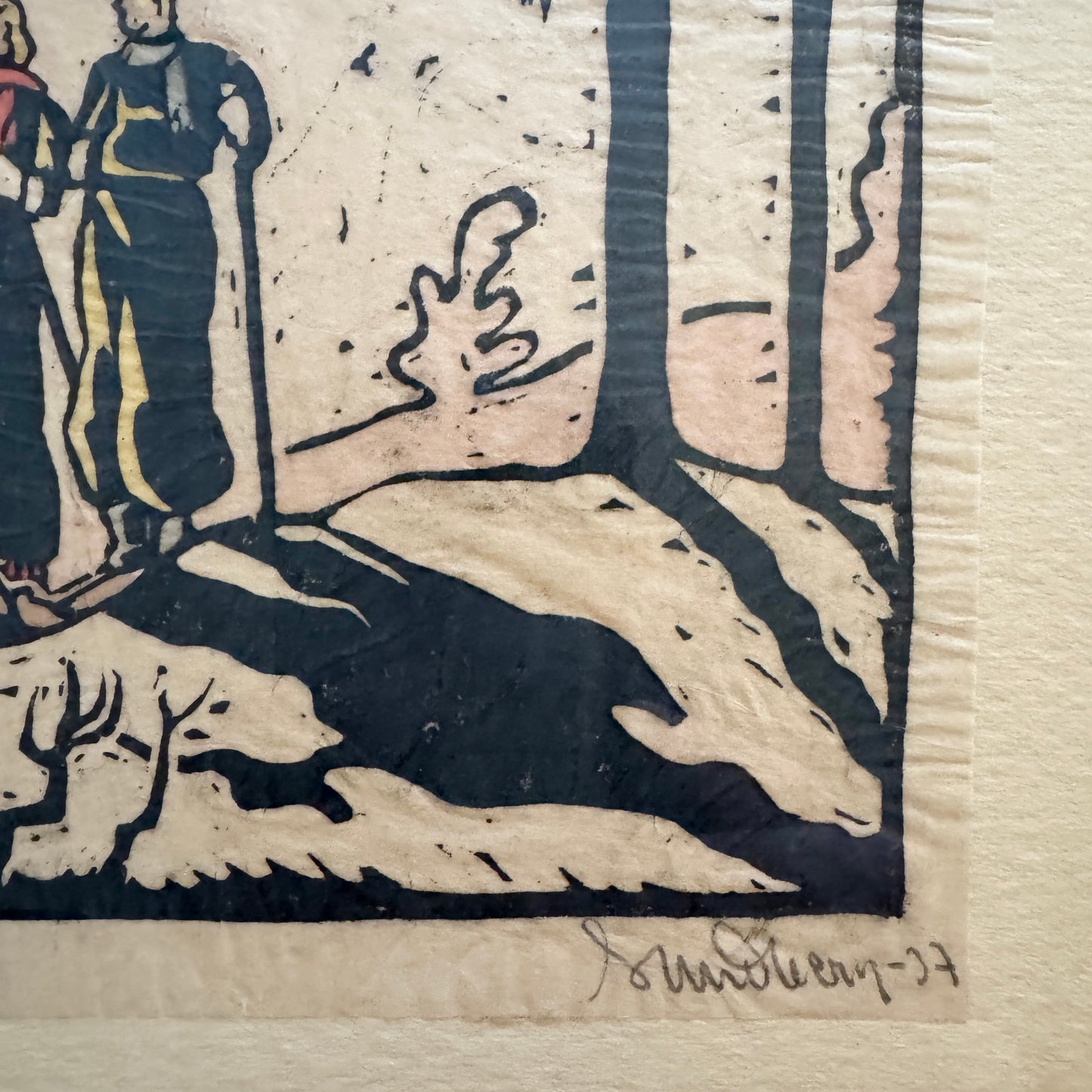 Out Skiing 1937. Signed Swedish Woodblock Print