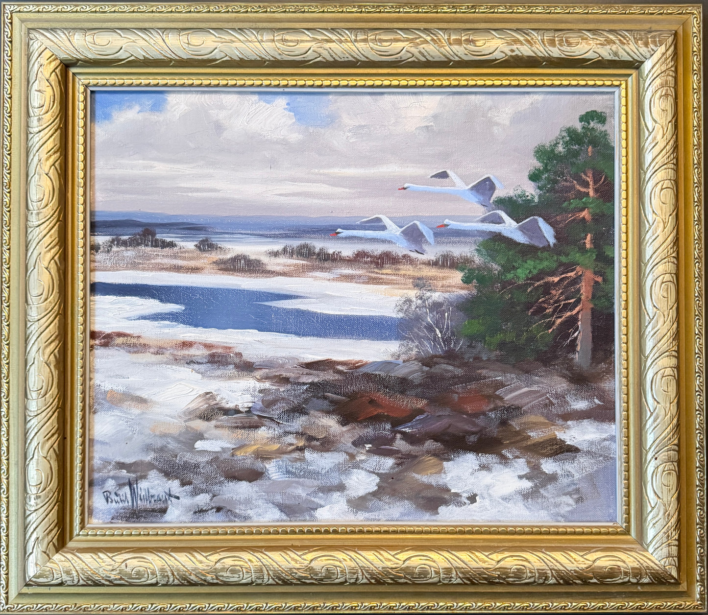 White Wings in Flight. Vintage Swedish Oil Painting by Bertil Widbrant