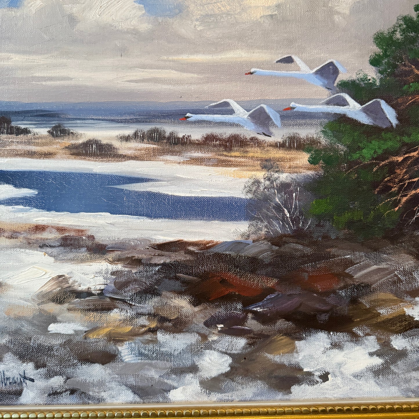 White Wings in Flight. Vintage Swedish Oil Painting by Bertil Widbrant